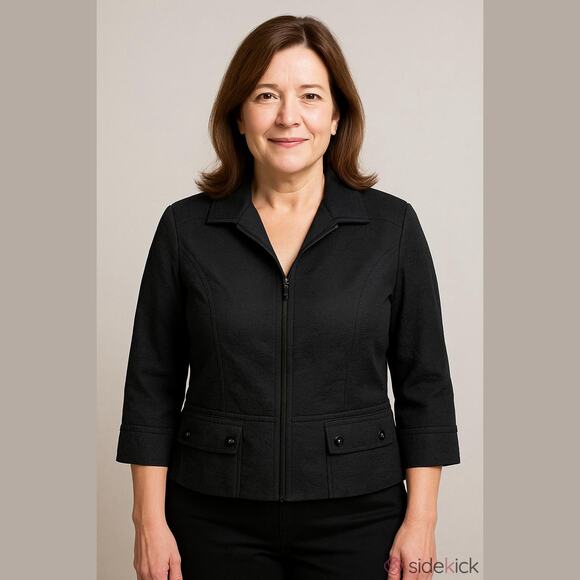 St John Embossed Textured Blazer Jacket Zip Front 1/2 Sleeve Pockets Black Sz 10 - Picture 2 of 15